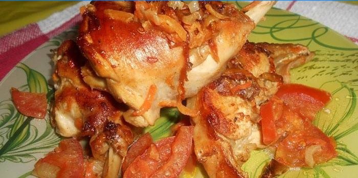 Oven-baked rabbit slices with onions and tomatoes