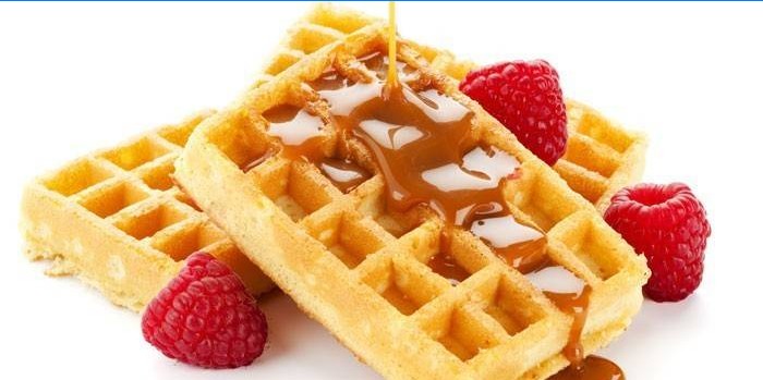 Brussels waffles with caramel and raspberries