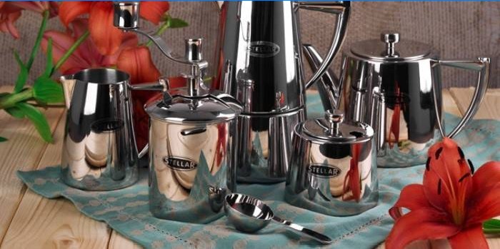 Chromed manual coffee grinder and coffee and tea set