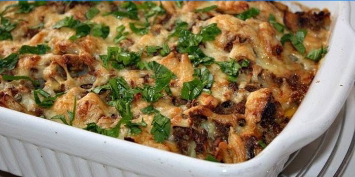 Ready-made meat casserole with mushrooms in the form