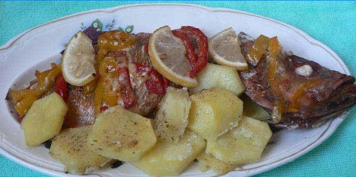 Baked perch with potatoes and vegetables