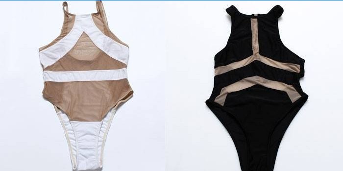 Two models of women's swimwear from the Stripsky brand with transparent inserts