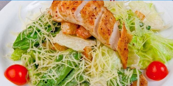 Caesar Salad with Cabbage Leaves and Chicken Breast