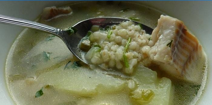 Pearl barley soup in fish broth