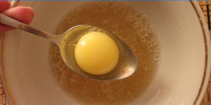 Plate with gelatin and a yolk in a spoon