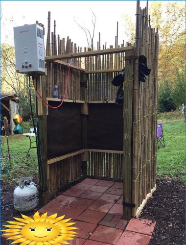 Outdoor heated bamboo shower