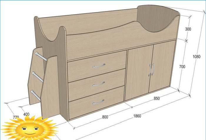 Children's loft bed: drawing with dimensions
