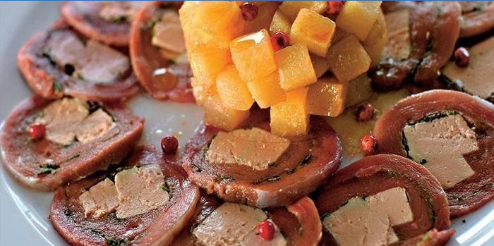 Pickled duck breast with foie gras and pear salsa