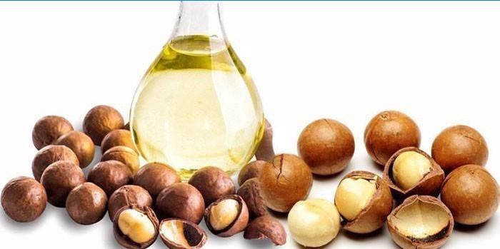 Macadamia oil in a jar and nuts