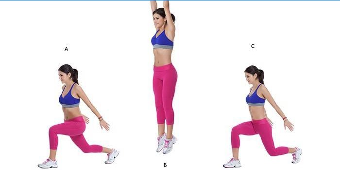 The girl shows the order of the exercise. Lunge with jumping