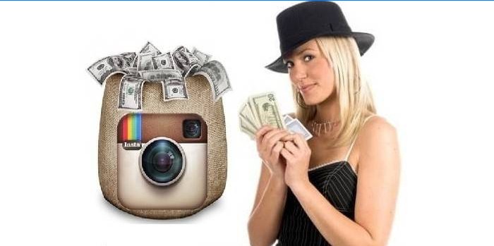 A bag of money with an Instagram logo and a girl with money in hand