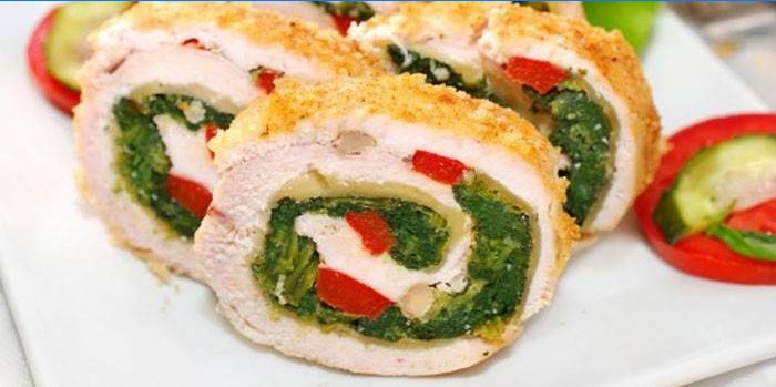 Chicken meat roll with spinach and bell pepper