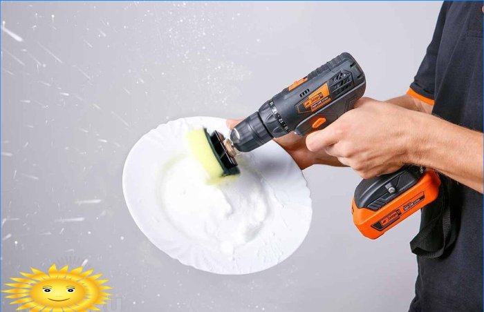 Cleaning dishes with a sponge and a drill