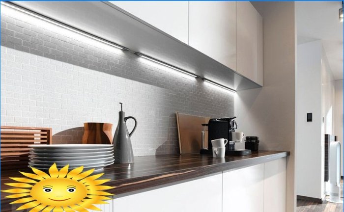 Where to hang the LED strip for lighting in the kitchen