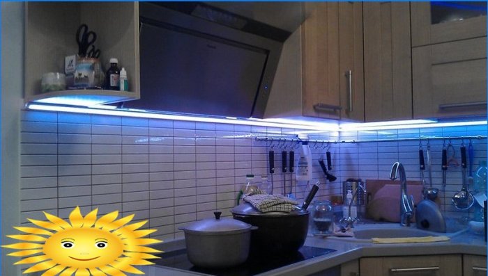 Lighting under cabinets in the kitchen from LED strip
