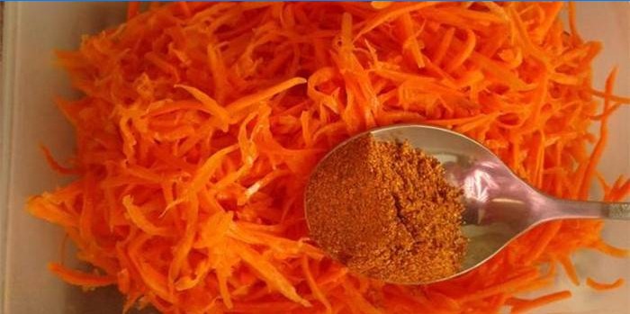 Grated carrot and a spoon with spices