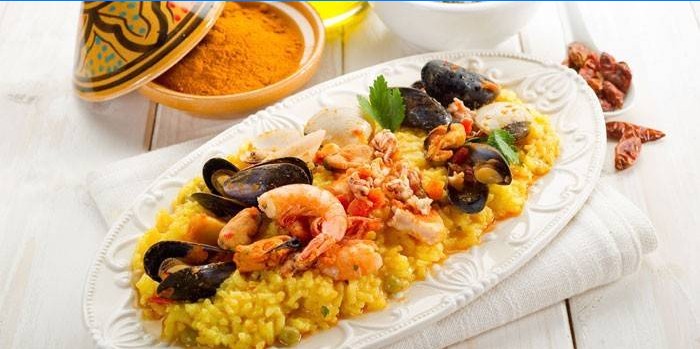 Paella with Rice, Saffron and Seafood