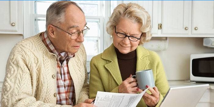 Elderly couple studying a document