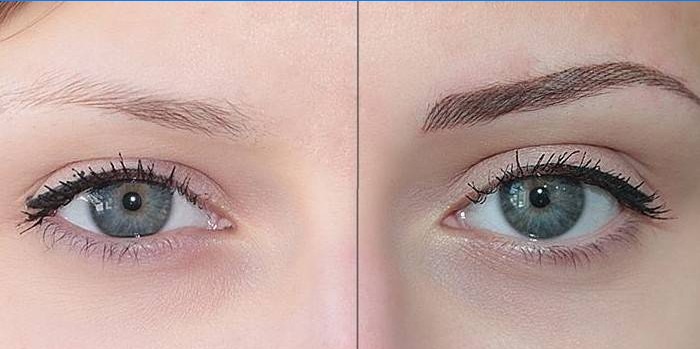 Girl's eyes before and after permanent eyebrow makeup