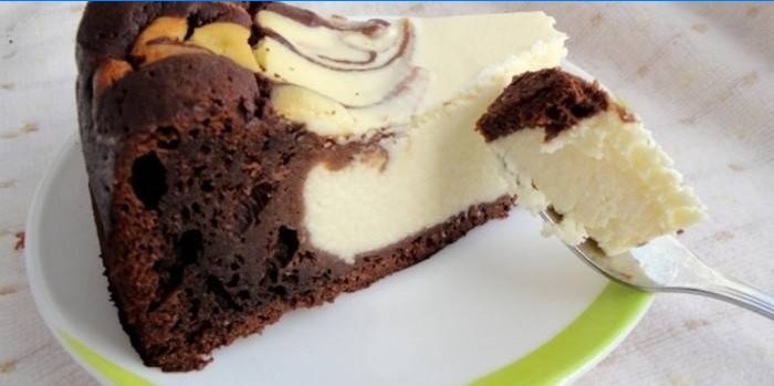 A slice of chocolate-cottage cheese pie