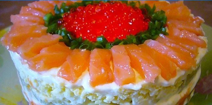 Tsarskiy festive puff salad with salmon and red caviar