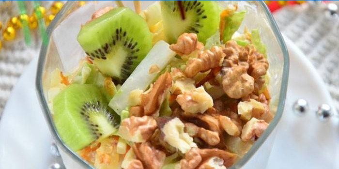 Salad with Kiwi, Nuts, Chicken and Cheese