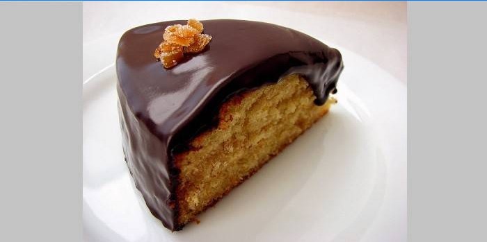 A slice of kefir cake with chocolate icing
