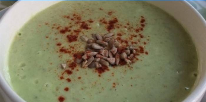 Green buckwheat soup puree with sunflower seeds