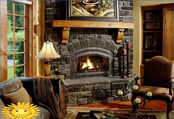 Stone fireplace with solid wood shelf