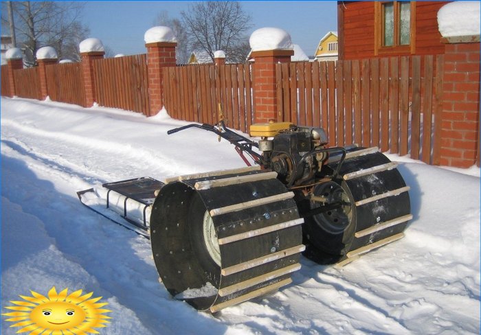 Homemade snowmobile from a walk-behind tractor