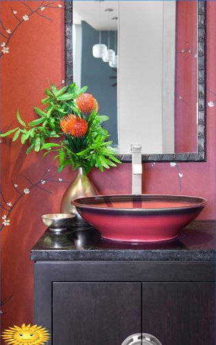 Bathroom in red tones: photo selection