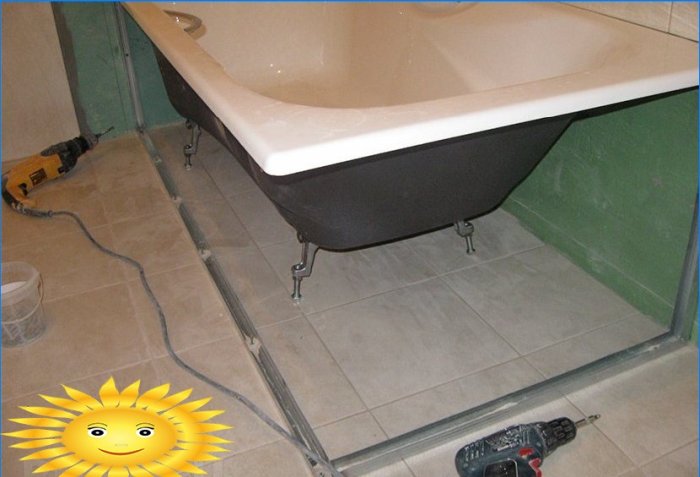 Installation of a plasterboard screen under a bathtub with an inspection hatch