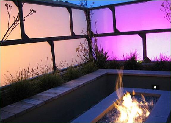 A fireplace in the patio