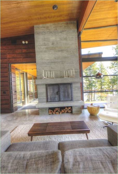Living room with fireplace of a residence near Lake Coeur d'Alene in the United States