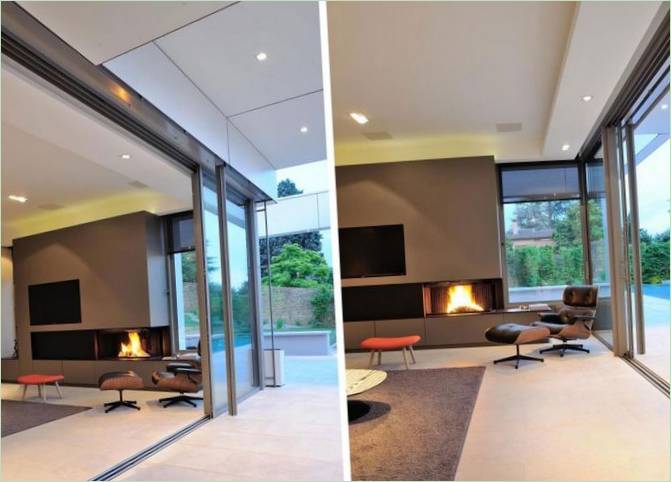 The sliding glass door and fireplace in the living room