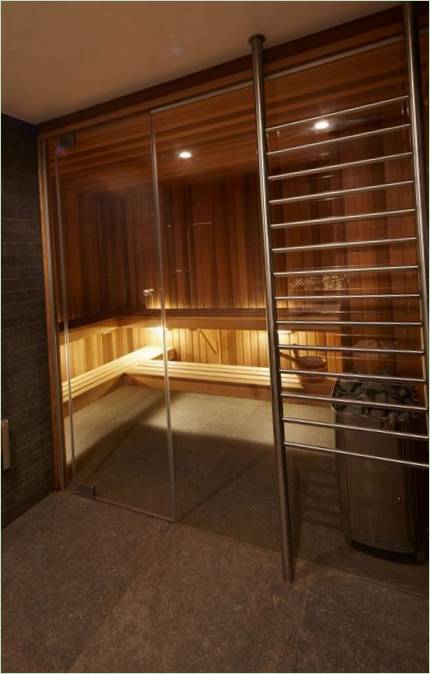 Wooden sauna in the interior of a private home Parker Residence