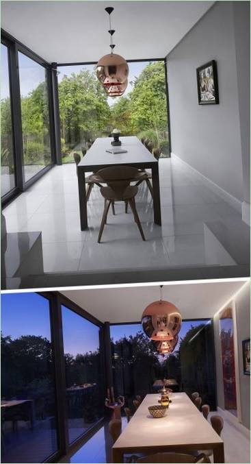 A house with big windows: the dining room by day and by night